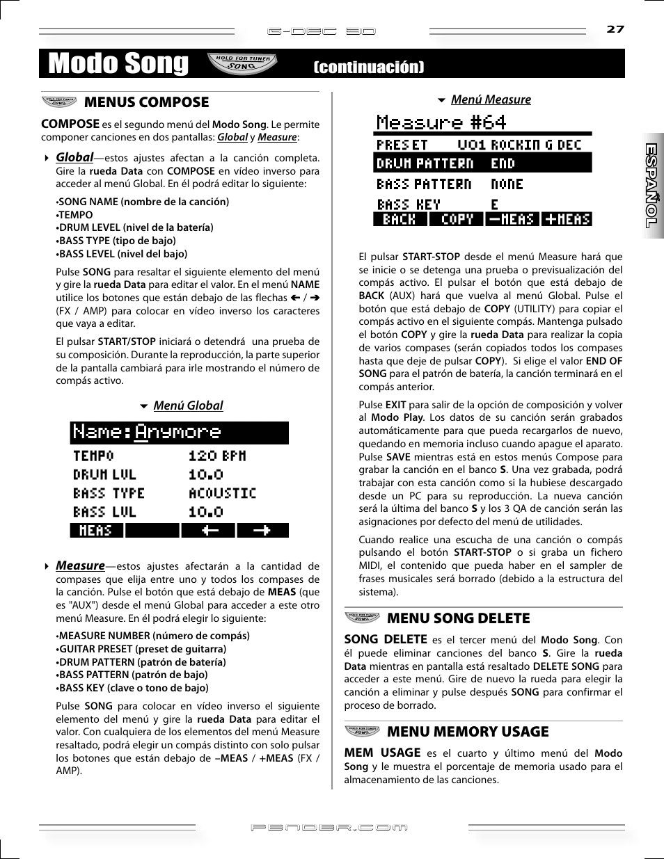 Modo song, Menus compose, Menu song delete | Continuación) | Fender G-DEC 30 User Manual | Page 27 / 128