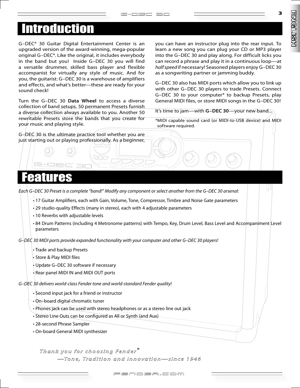 Introduction features | Fender G-DEC 30 User Manual | Page 3 / 128