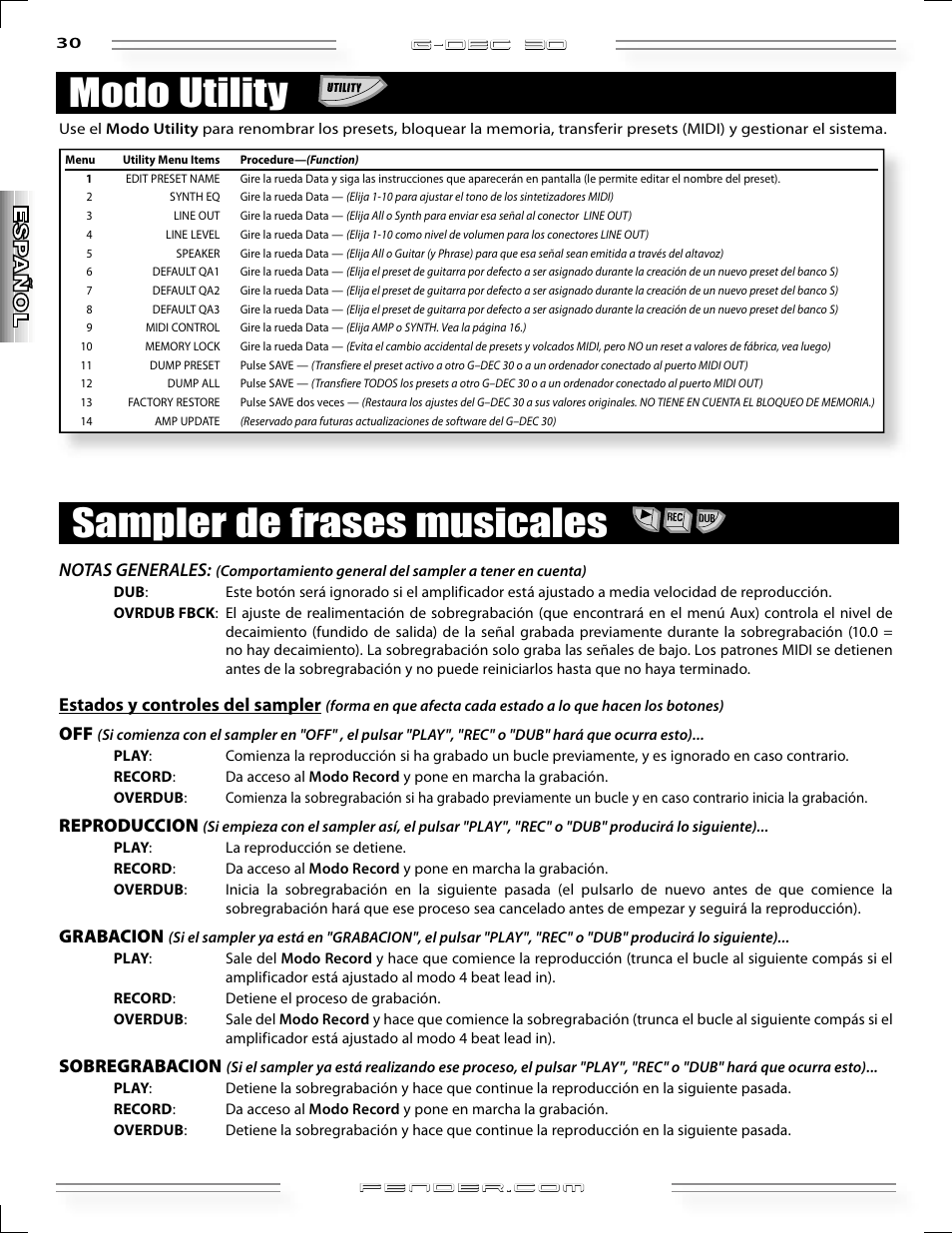 Modo utility, Sampler de frases musicales, G-dec 3o | Notas generales, Estados y controles del sampler, Reproduccion, Grabacion, Sobregrabacion | Fender G-DEC 30 User Manual | Page 30 / 128