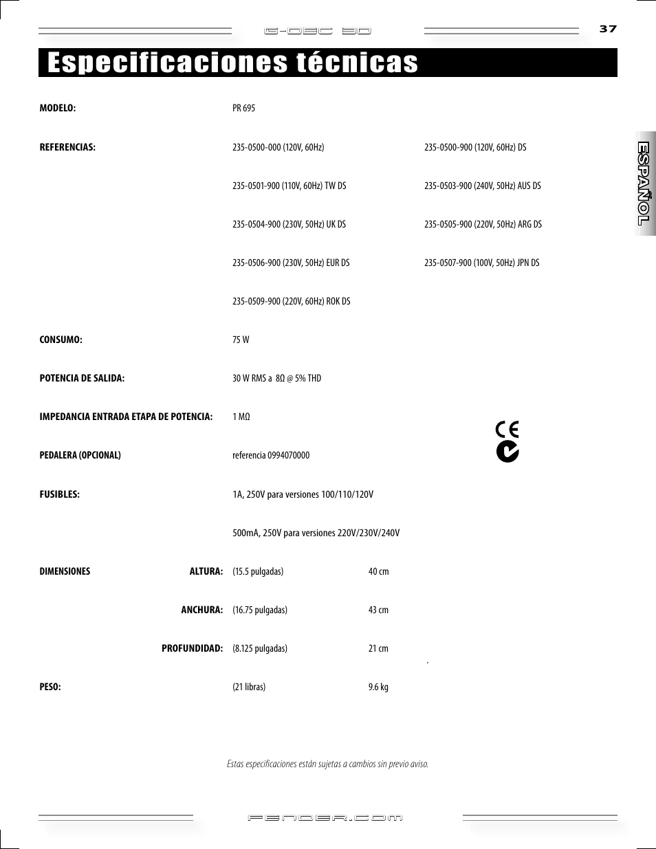 Especificaciones técnicas | Fender G-DEC 30 User Manual | Page 37 / 128