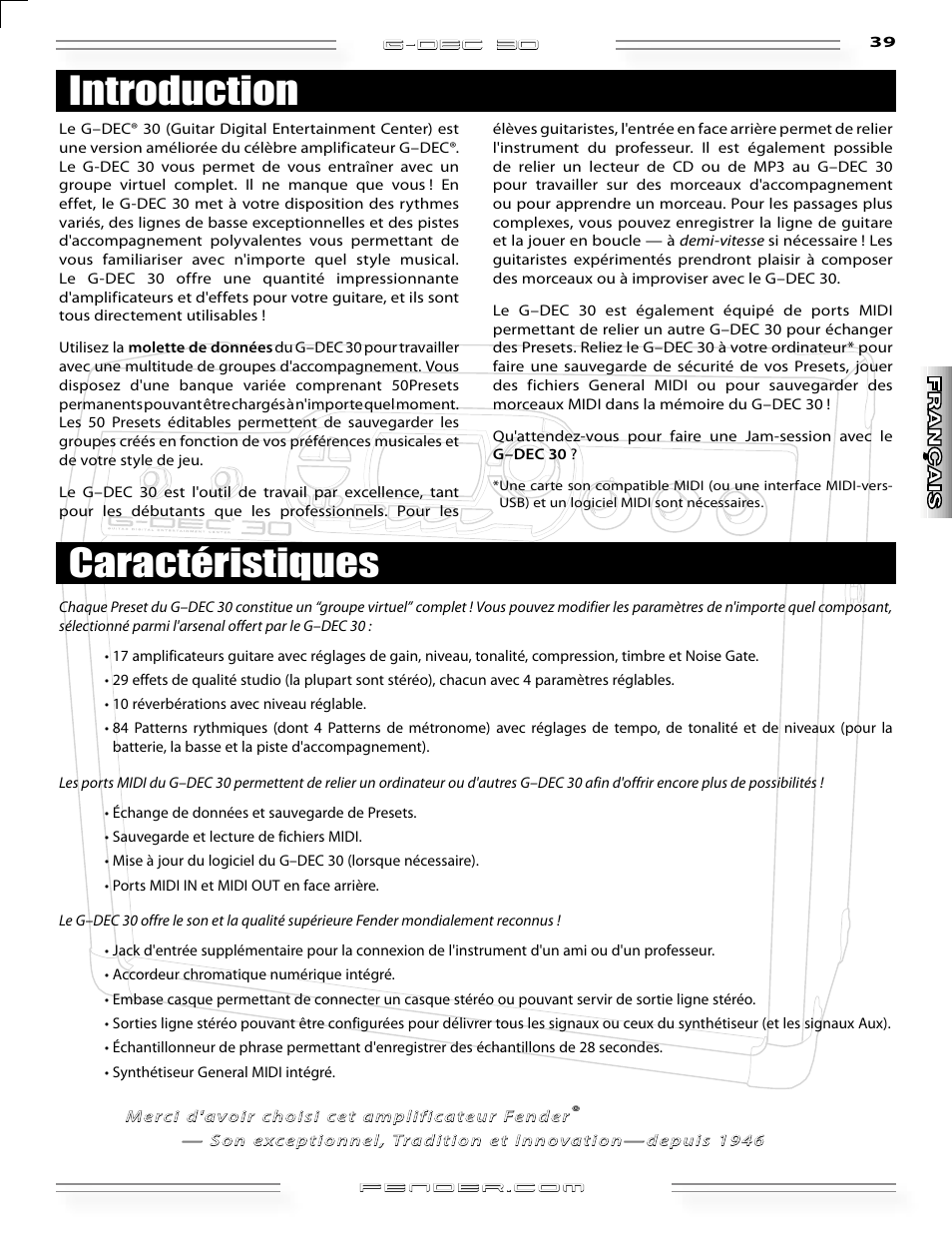 Introduction caractéristiques | Fender G-DEC 30 User Manual | Page 39 / 128