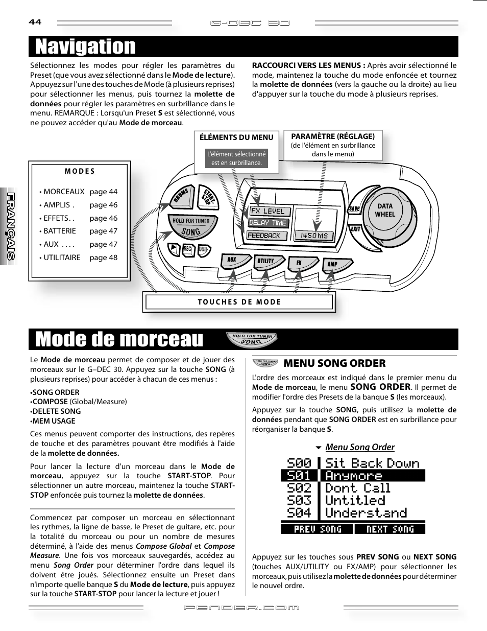 Mode de morceau navigation, Menu song order | Fender G-DEC 30 User Manual | Page 44 / 128