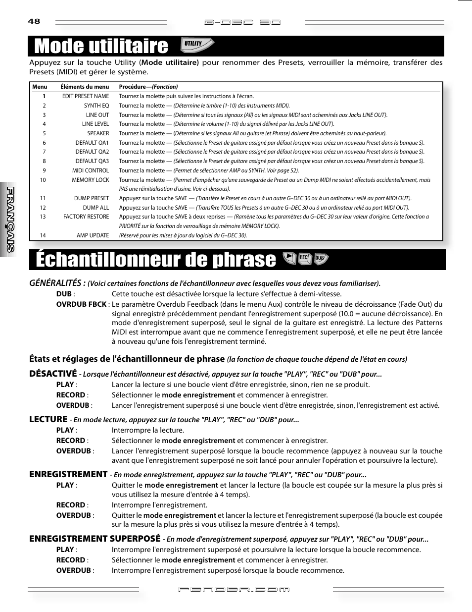 Mode utilitaire, Échantillonneur de phrase, G-dec 3o | Généralités, États et réglages de l'échantillonneur de phrase, Désactivé, Lecture, Enregistrement, Enregistrement superposé | Fender G-DEC 30 User Manual | Page 48 / 128