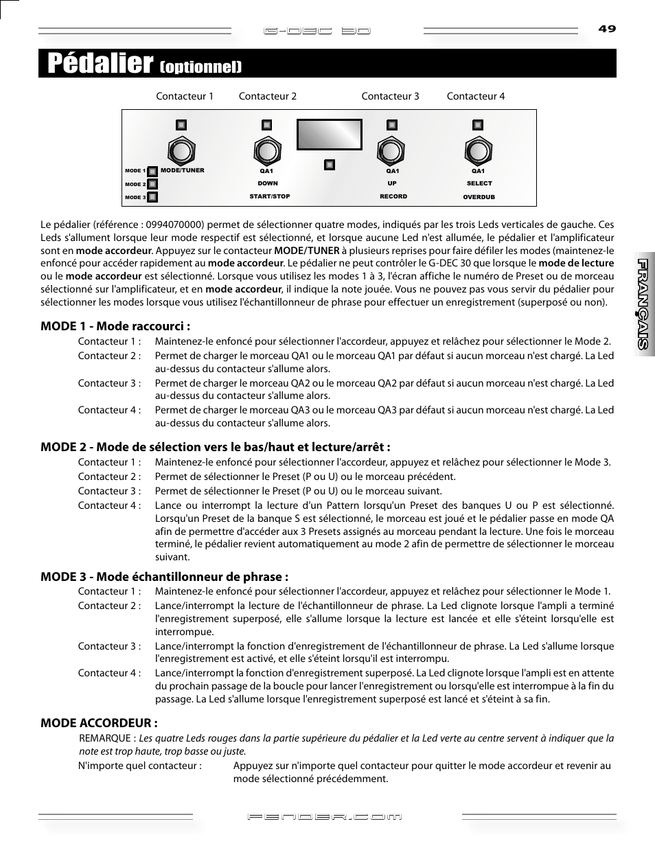 Pédalier, Optionnel), G-dec 3o | Mode 1 - mode raccourci, Mode 3 - mode échantillonneur de phrase, Mode accordeur | Fender G-DEC 30 User Manual | Page 49 / 128