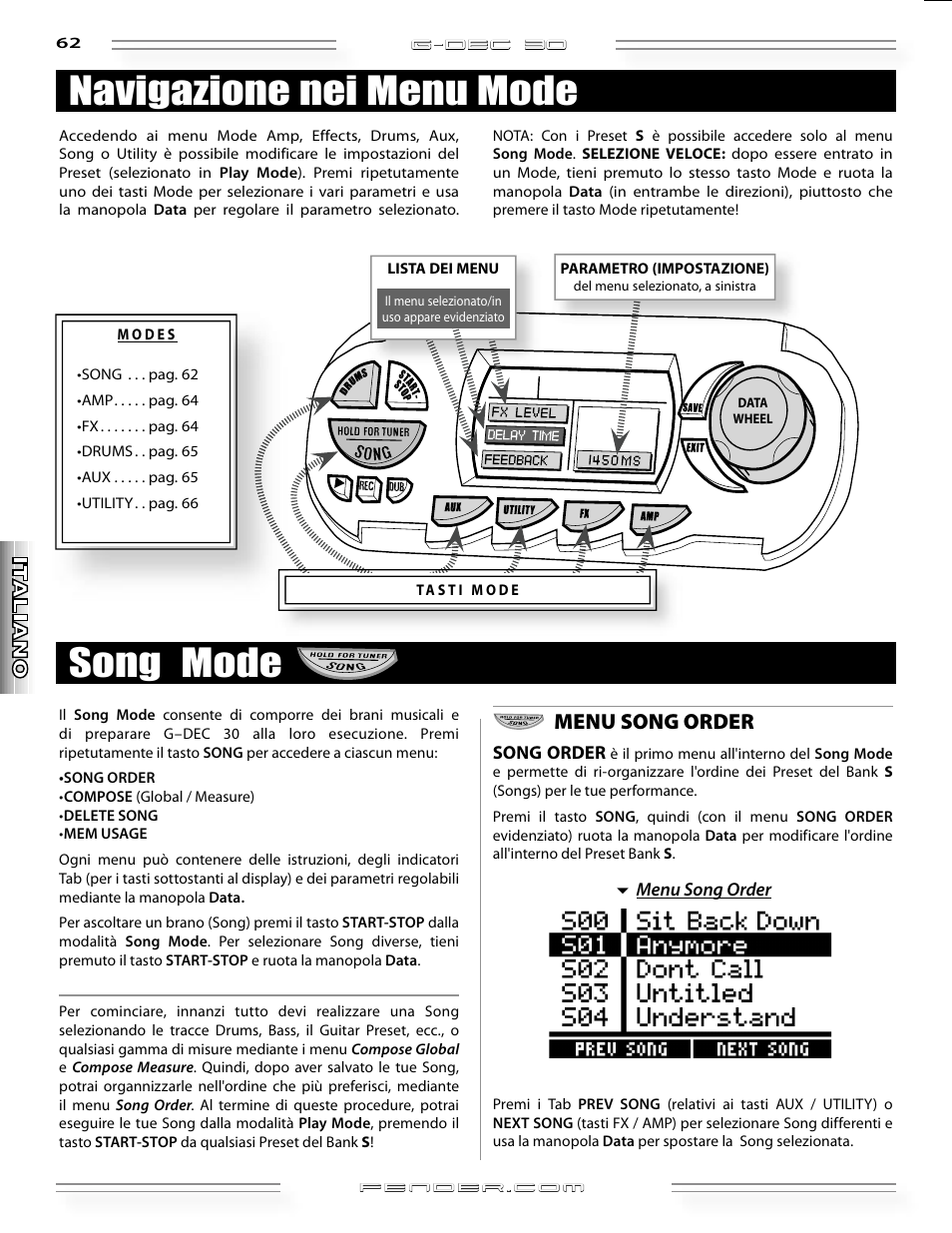 Song mode navigazione nei menu mode, Menu song order | Fender G-DEC 30 User Manual | Page 62 / 128