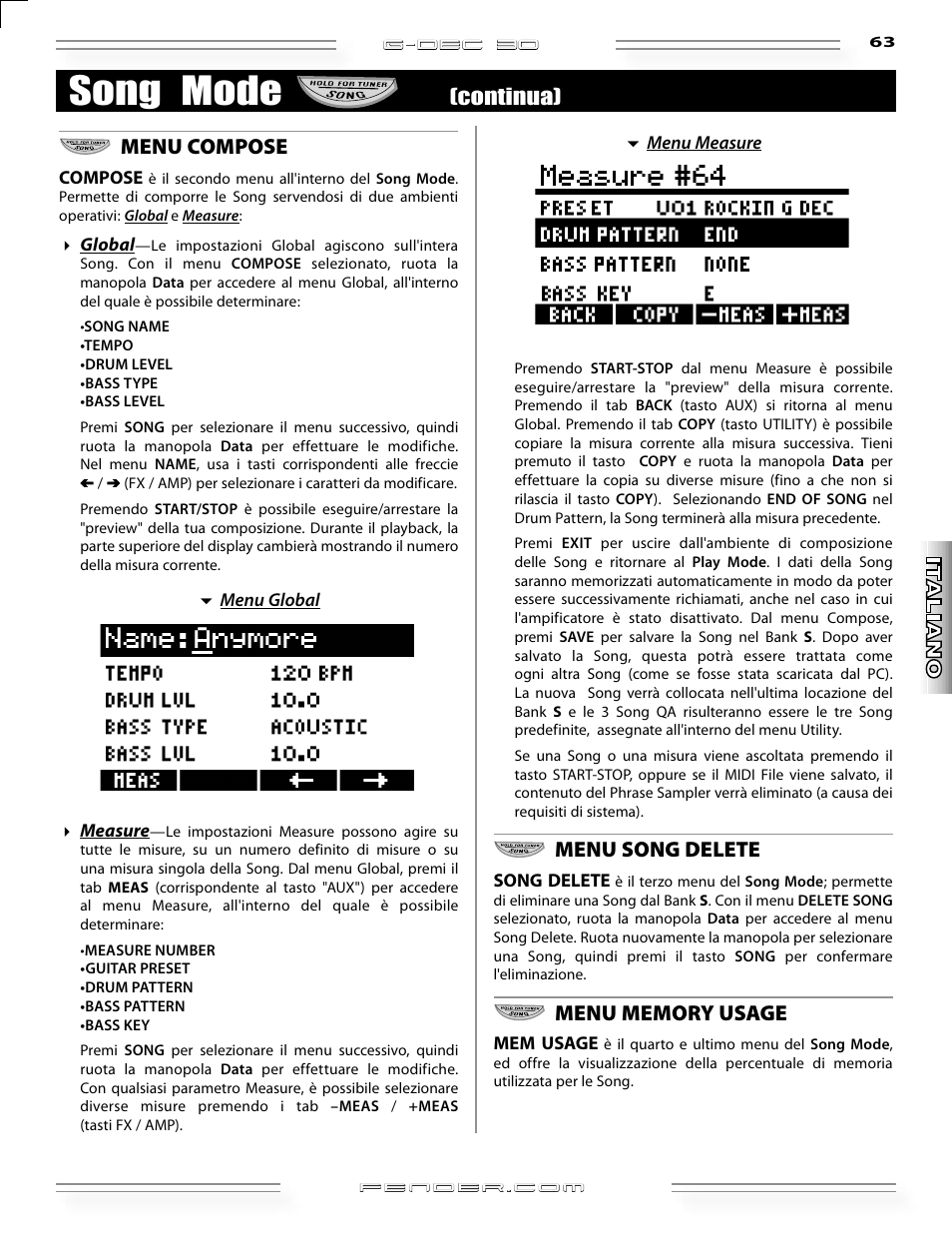 Song mode, Menu compose, Menu song delete | Continua) | Fender G-DEC 30 User Manual | Page 63 / 128