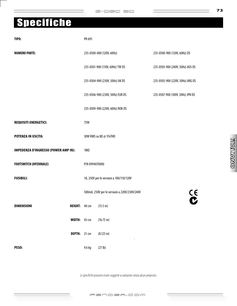 Specifiche | Fender G-DEC 30 User Manual | Page 73 / 128