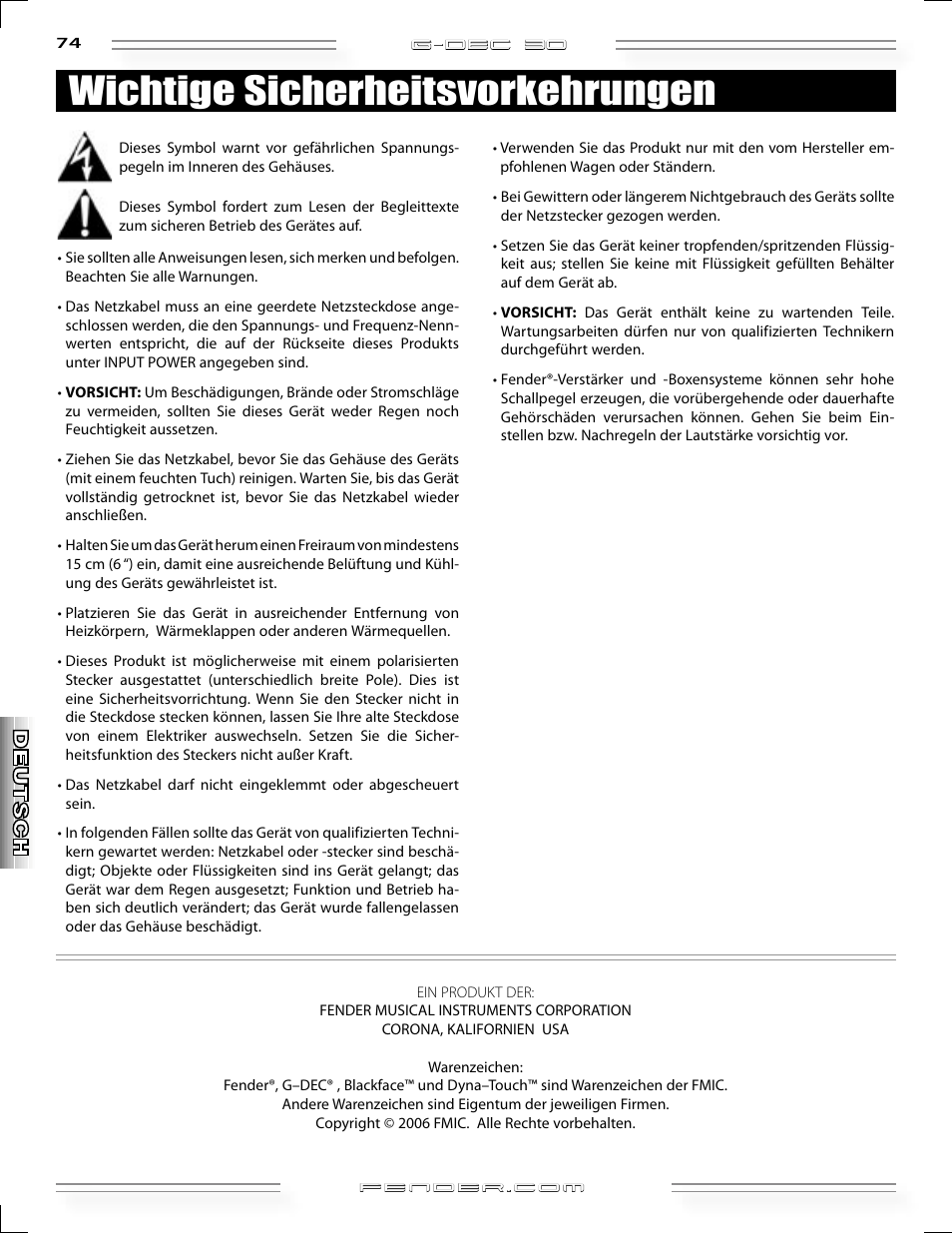 Wichtige sicherheitsvorkehrungen | Fender G-DEC 30 User Manual | Page 74 / 128