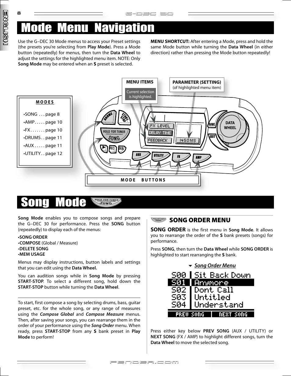 Song mode mode menu navigation, Song order menu | Fender G-DEC 30 User Manual | Page 8 / 128