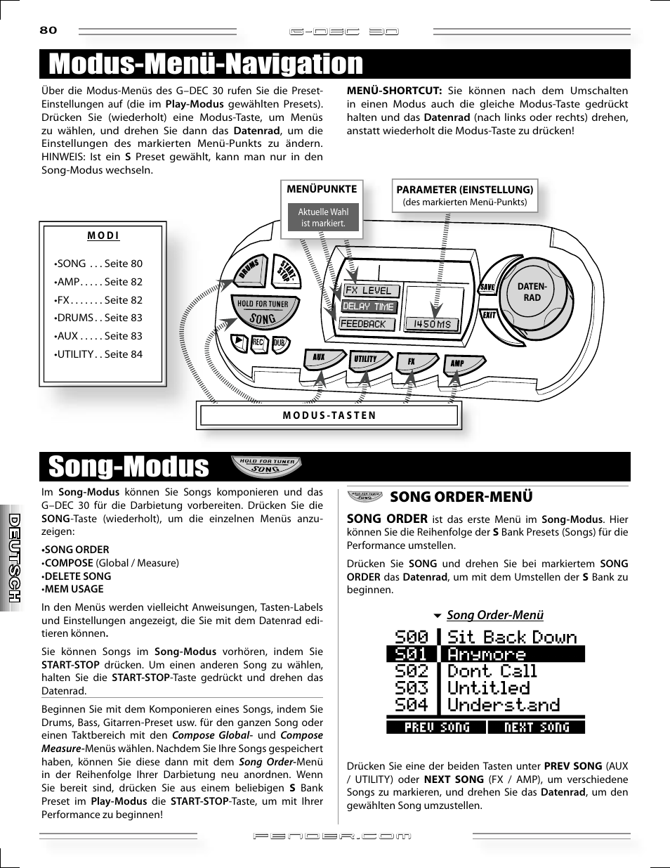 Song-modus modus-menü-navigation, Song order-menü | Fender G-DEC 30 User Manual | Page 80 / 128