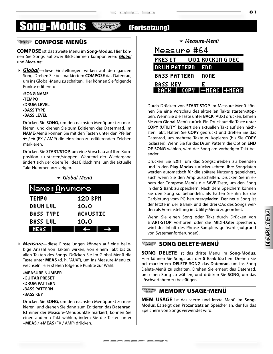 Song-modus, Compose-menüs, Song delete-menü | Fortsetzung) | Fender G-DEC 30 User Manual | Page 81 / 128