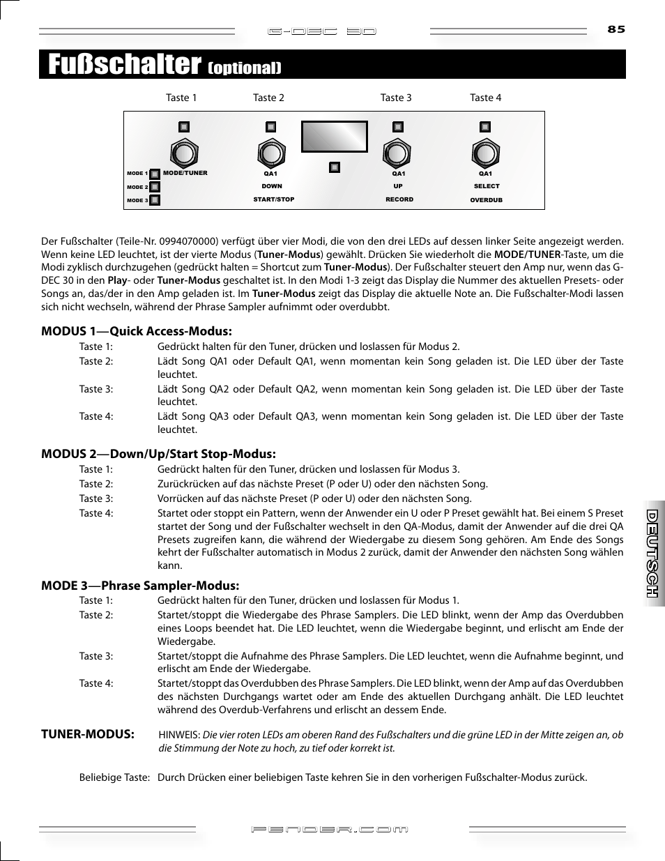 Fußschalter, Optional), G-dec 3o | Modus 1—quick access-modus, Modus 2—down/up/start stop-modus, Mode 3—phrase sampler-modus, Tuner-modus | Fender G-DEC 30 User Manual | Page 85 / 128