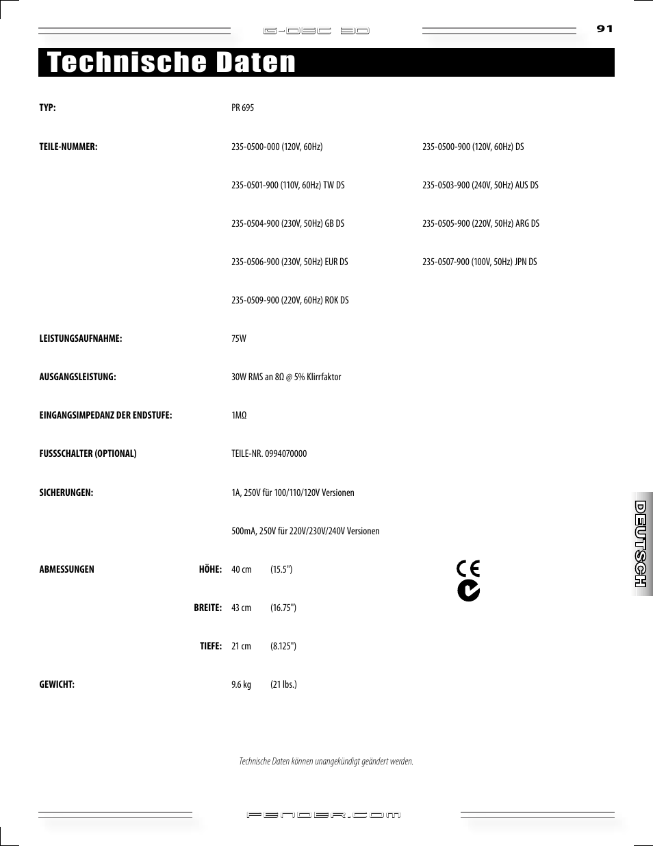 Technische daten | Fender G-DEC 30 User Manual | Page 91 / 128