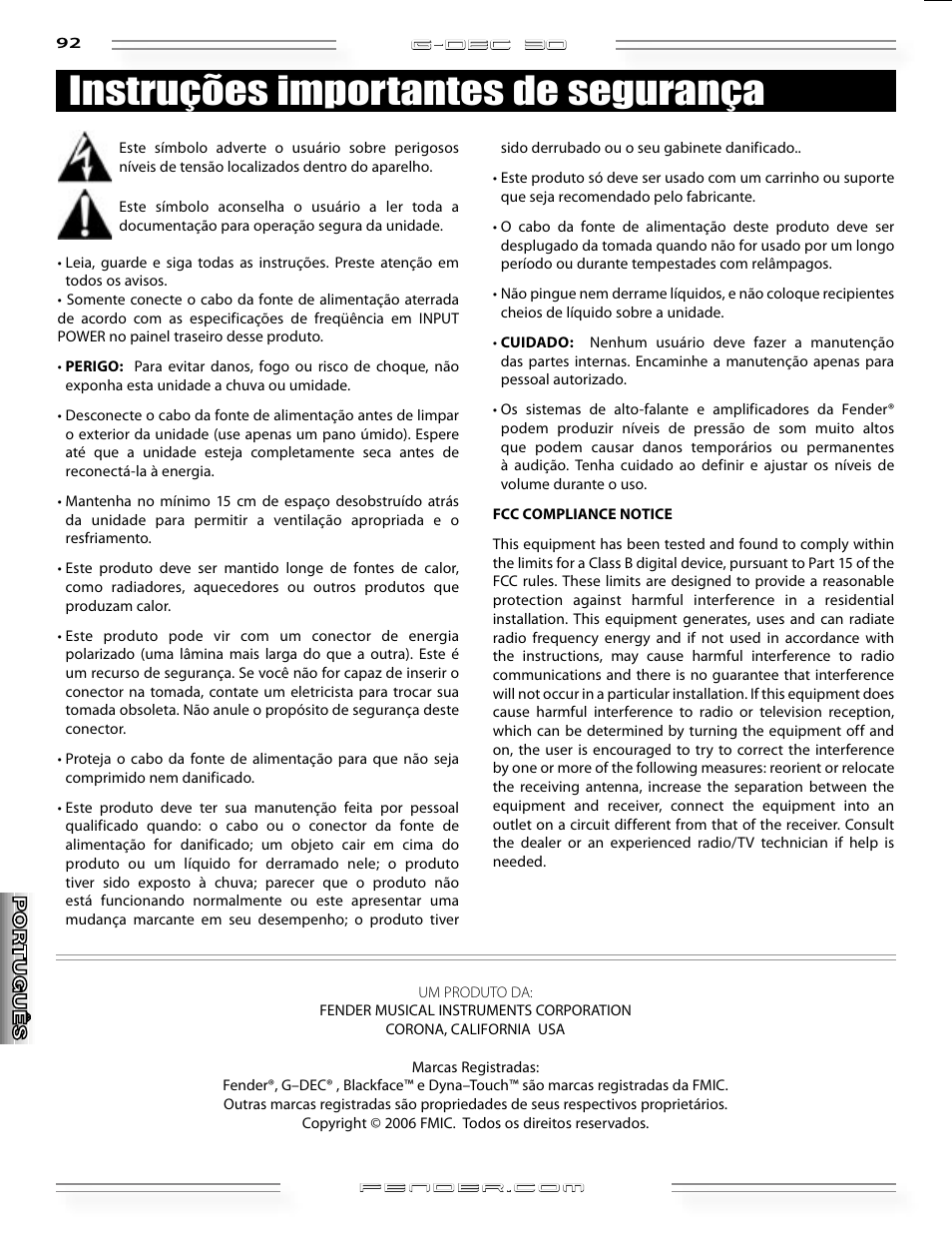 Instruções importantes de segurança | Fender G-DEC 30 User Manual | Page 92 / 128