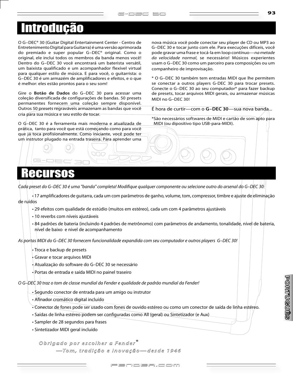 Introdução recursos | Fender G-DEC 30 User Manual | Page 93 / 128