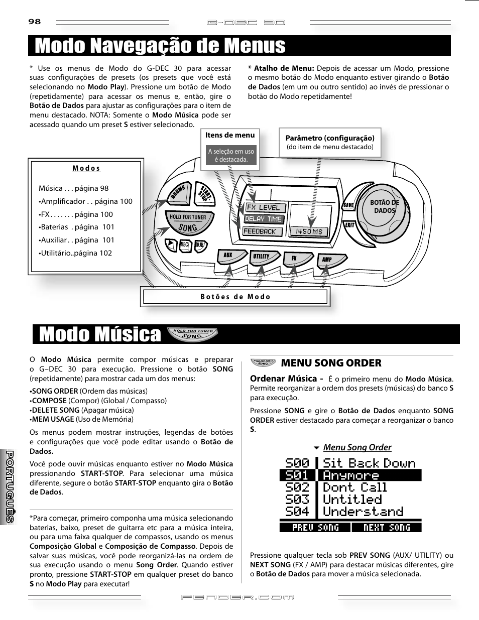 Modo música modo navegação de menus, Menu song order | Fender G-DEC 30 User Manual | Page 98 / 128