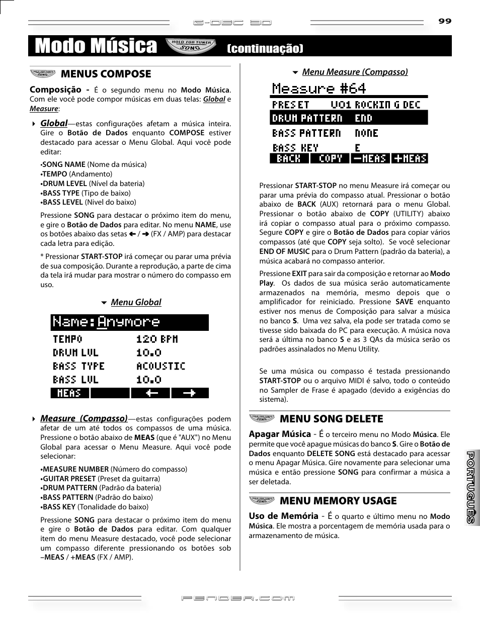 Modo música, Menus compose, Menu song delete | Continuação) | Fender G-DEC 30 User Manual | Page 99 / 128