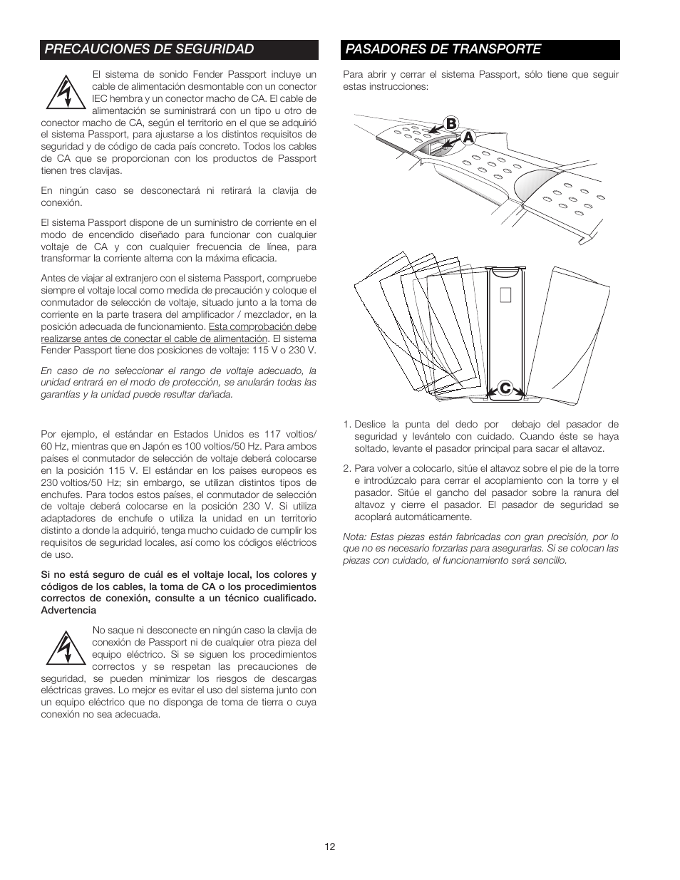 Precauciones de seguridad, Pasadores de transporte | Fender Passport Portable Sound Systems PD-250 User Manual | Page 12 / 50