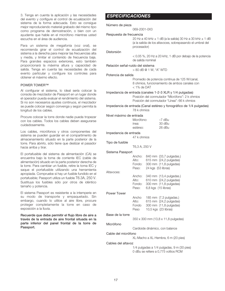 Especificaciones | Fender Passport Portable Sound Systems PD-250 User Manual | Page 17 / 50