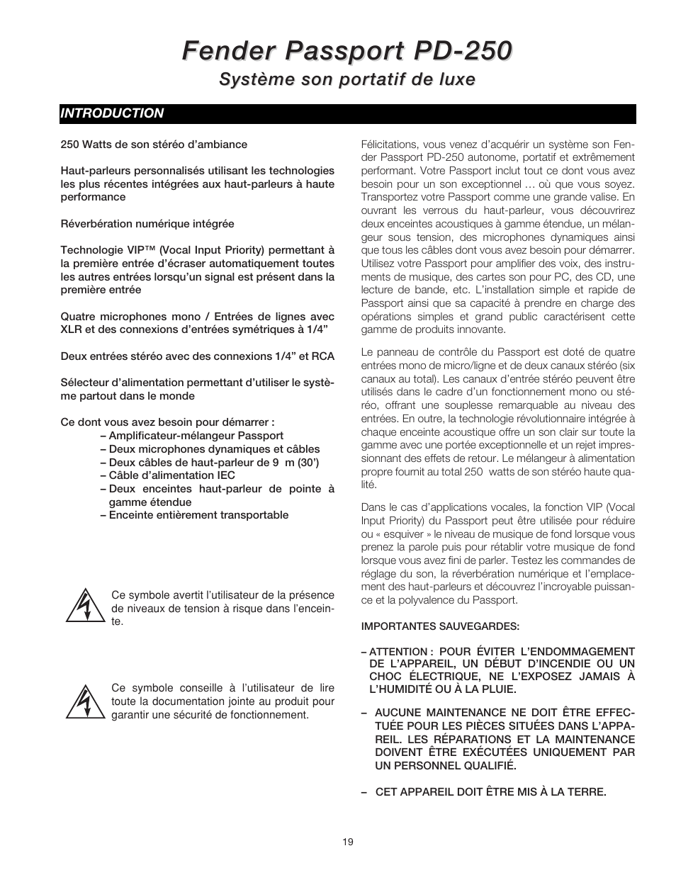 Fender passpor, Système son por, Système son por tatif de luxe tatif de luxe | Fender Passport Portable Sound Systems PD-250 User Manual | Page 19 / 50