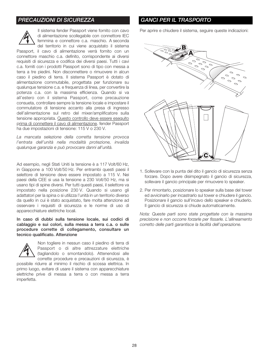 Precauzioni di sicurezza, Ganci per il trasporto | Fender Passport Portable Sound Systems PD-250 User Manual | Page 28 / 50