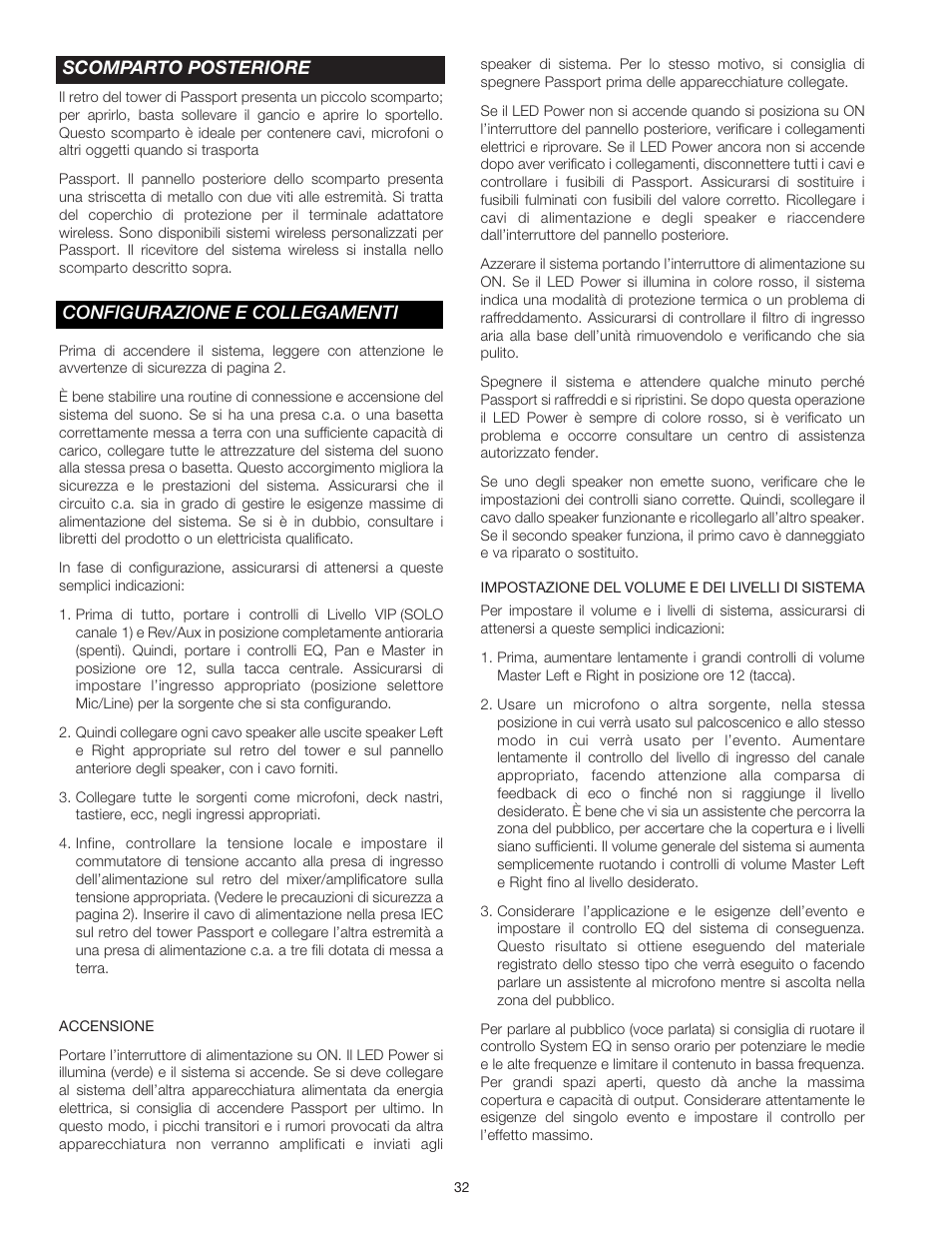 Scomparto posteriore configurazione e collegamenti | Fender Passport Portable Sound Systems PD-250 User Manual | Page 32 / 50