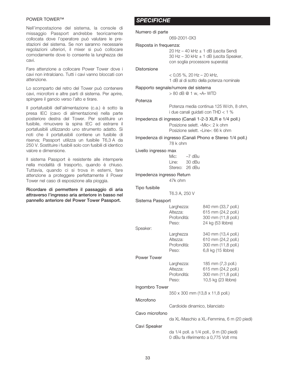 Specifiche | Fender Passport Portable Sound Systems PD-250 User Manual | Page 33 / 50