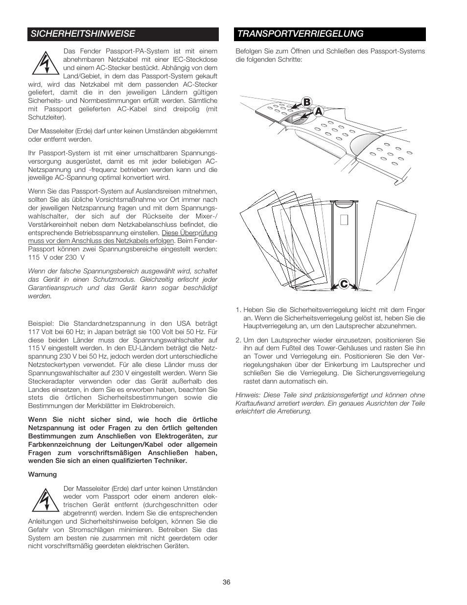 Sicherheitshinweise, Transportverriegelung | Fender Passport Portable Sound Systems PD-250 User Manual | Page 36 / 50