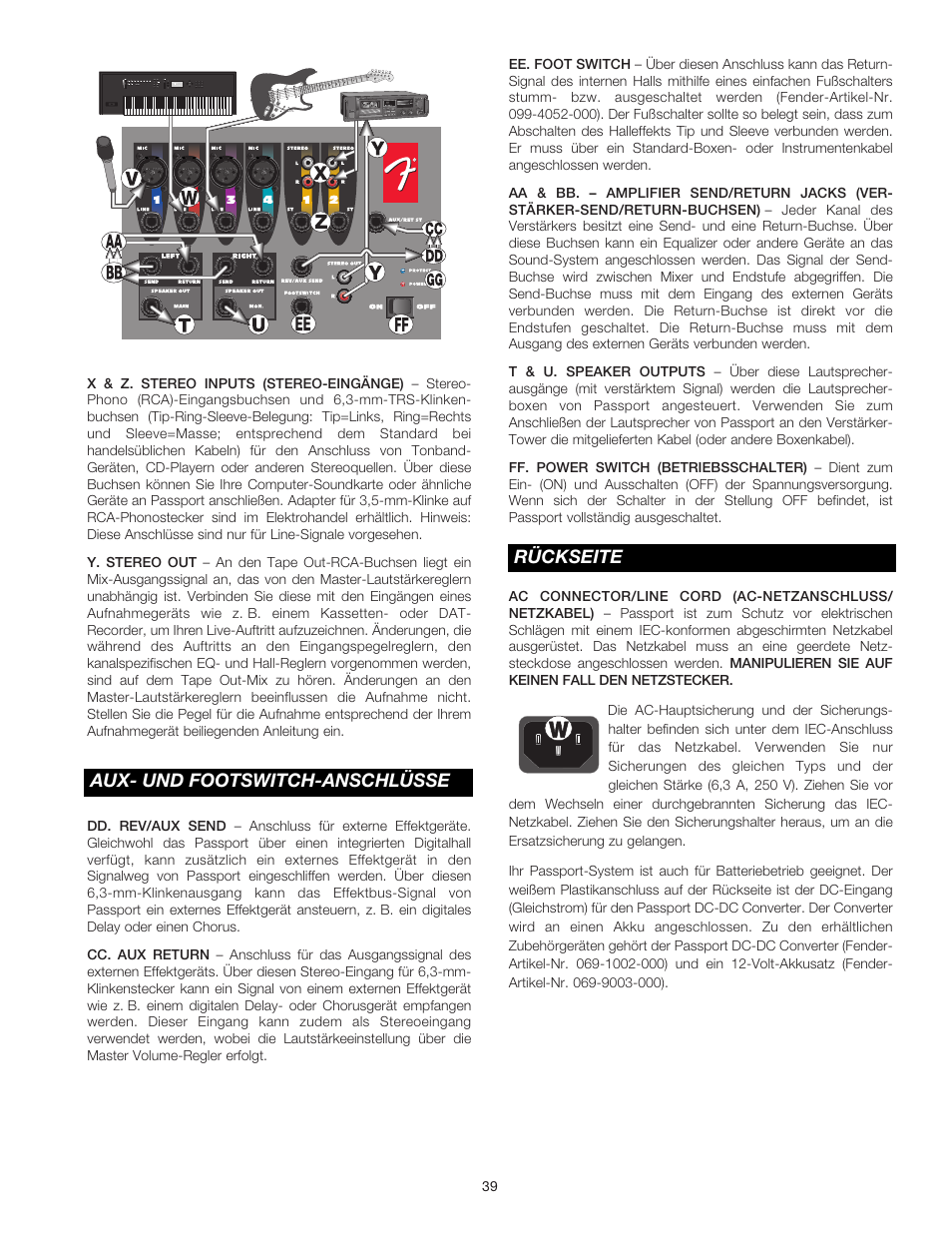 Aux- und footswitch-anschlüsse rückseite | Fender Passport Portable Sound Systems PD-250 User Manual | Page 39 / 50