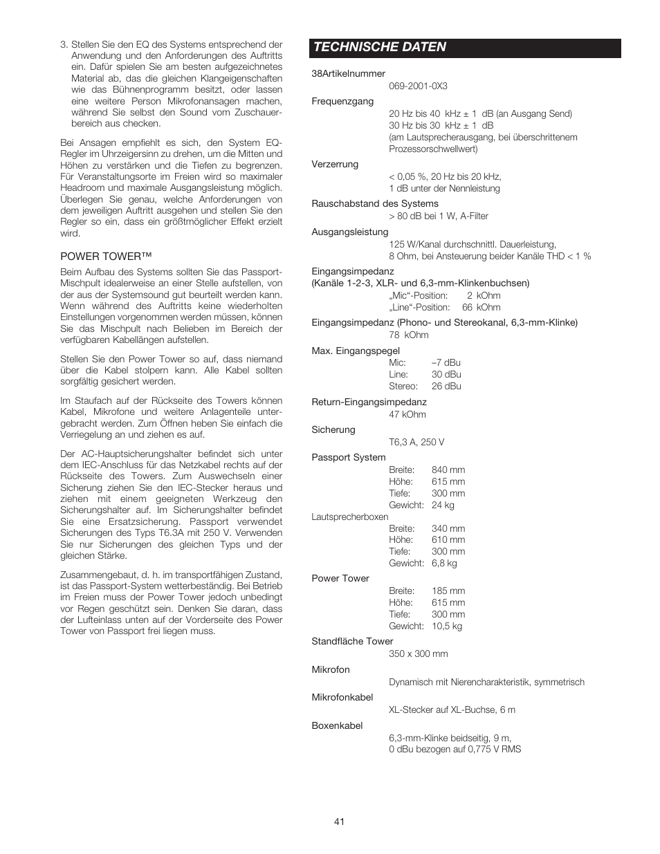 Technische daten | Fender Passport Portable Sound Systems PD-250 User Manual | Page 41 / 50