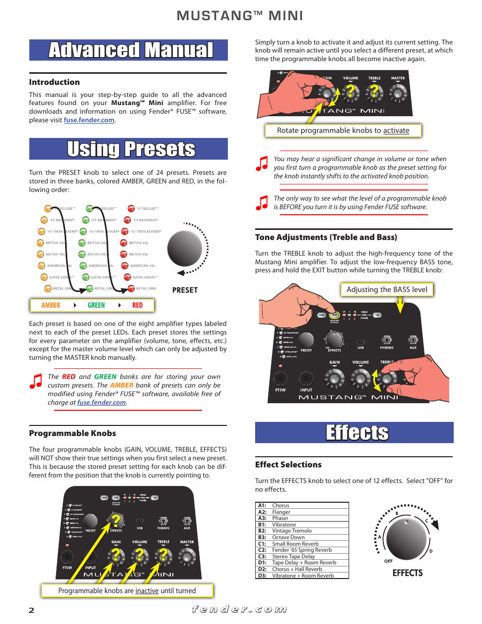 Advanced manual, Using presets, Effects | Mustang, Mini | Fender Mustang Mini User Manual | Page 2 / 6