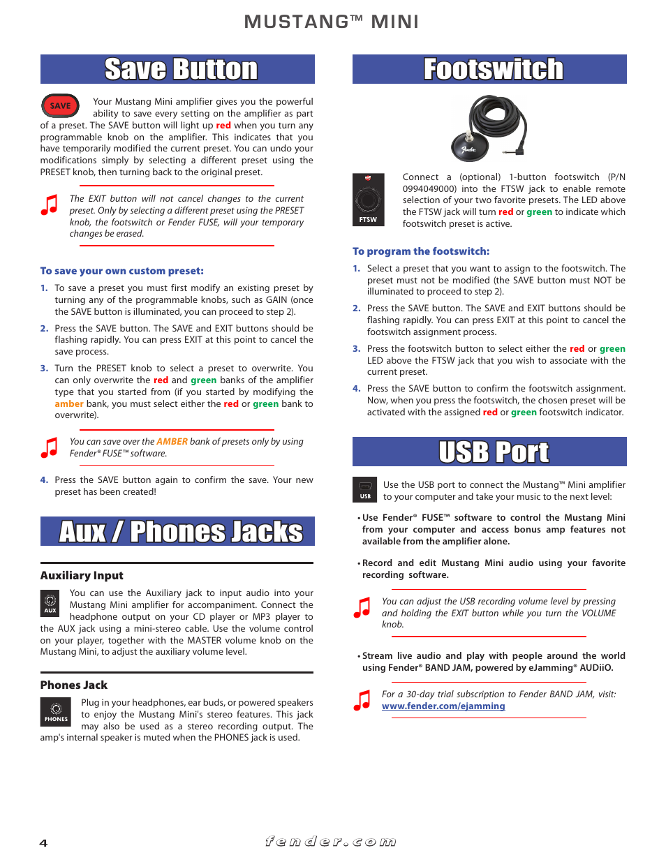 Save button, Aux / phones jacks, Footswitch | Usb port, Mustang, Mini | Fender Mustang Mini User Manual | Page 4 / 6