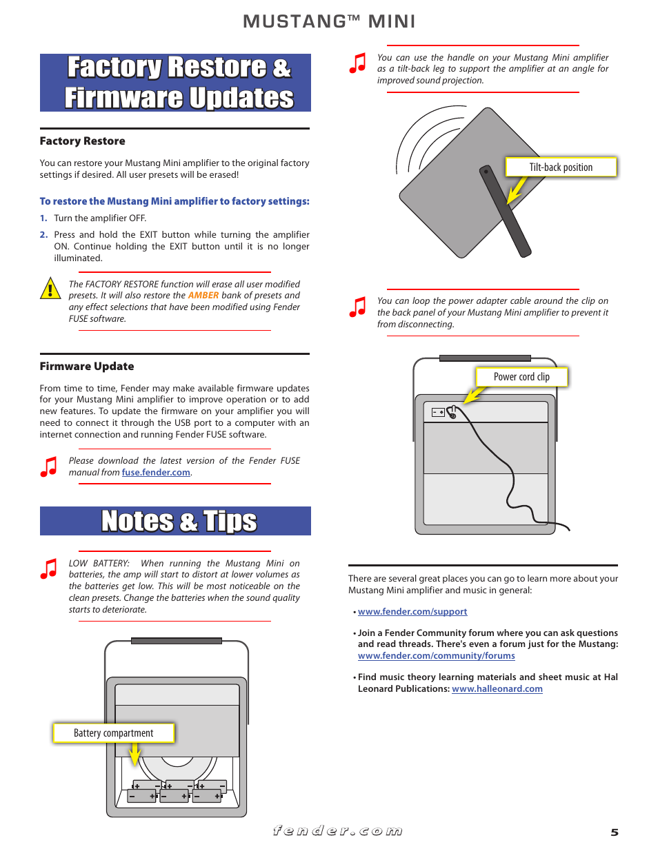 Factory restore & firmware updates, Mustang, Mini | Fender Mustang Mini User Manual | Page 5 / 6
