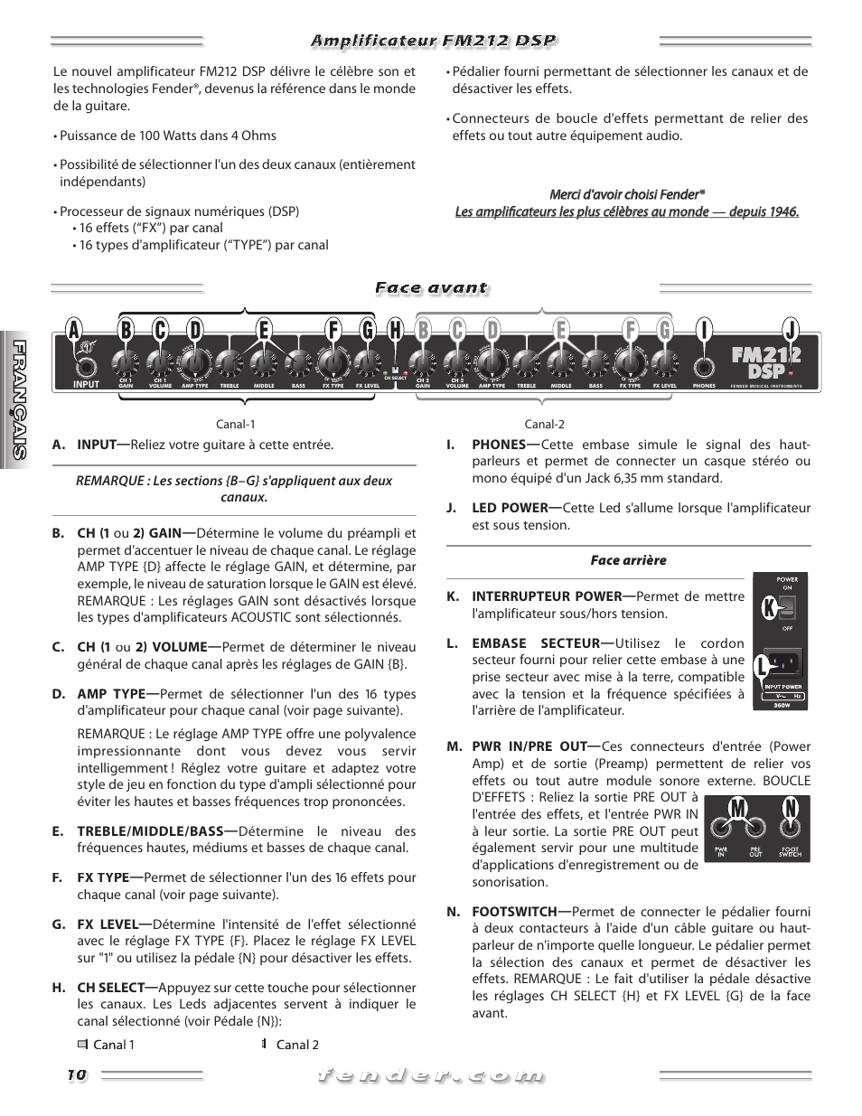 Amplificateur amplificateur fm212 dsp face avant, Canal-1 canal-2, Input | Fender FM 212 DSP User Manual | Page 10 / 20