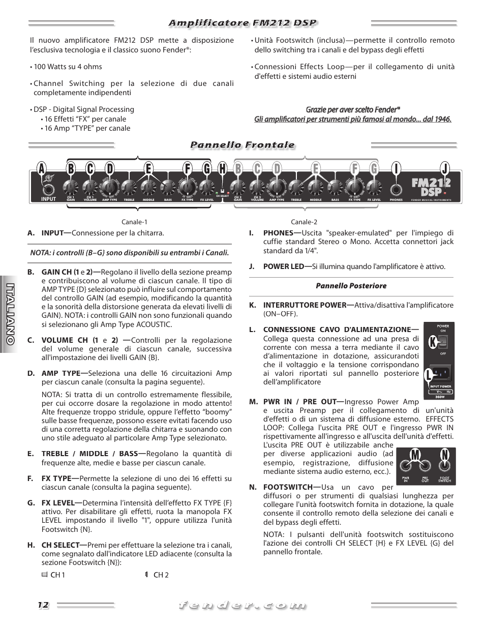 Amplificatore fm212 dsp pannello frontale, Canale-1 canale-2, Input | Fender FM 212 DSP User Manual | Page 12 / 20