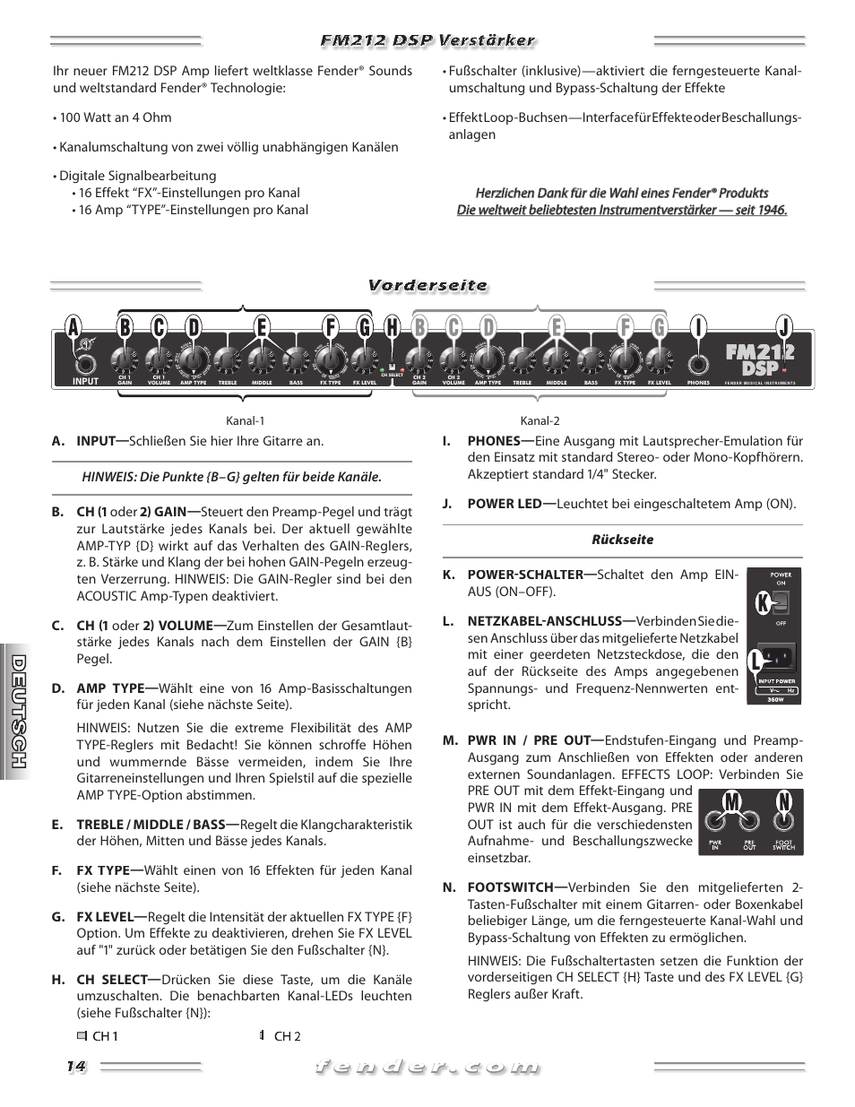 Fm212 dsp verstärker vorderseite, Kanal-1 kanal-2, Input | Fender FM 212 DSP User Manual | Page 14 / 20