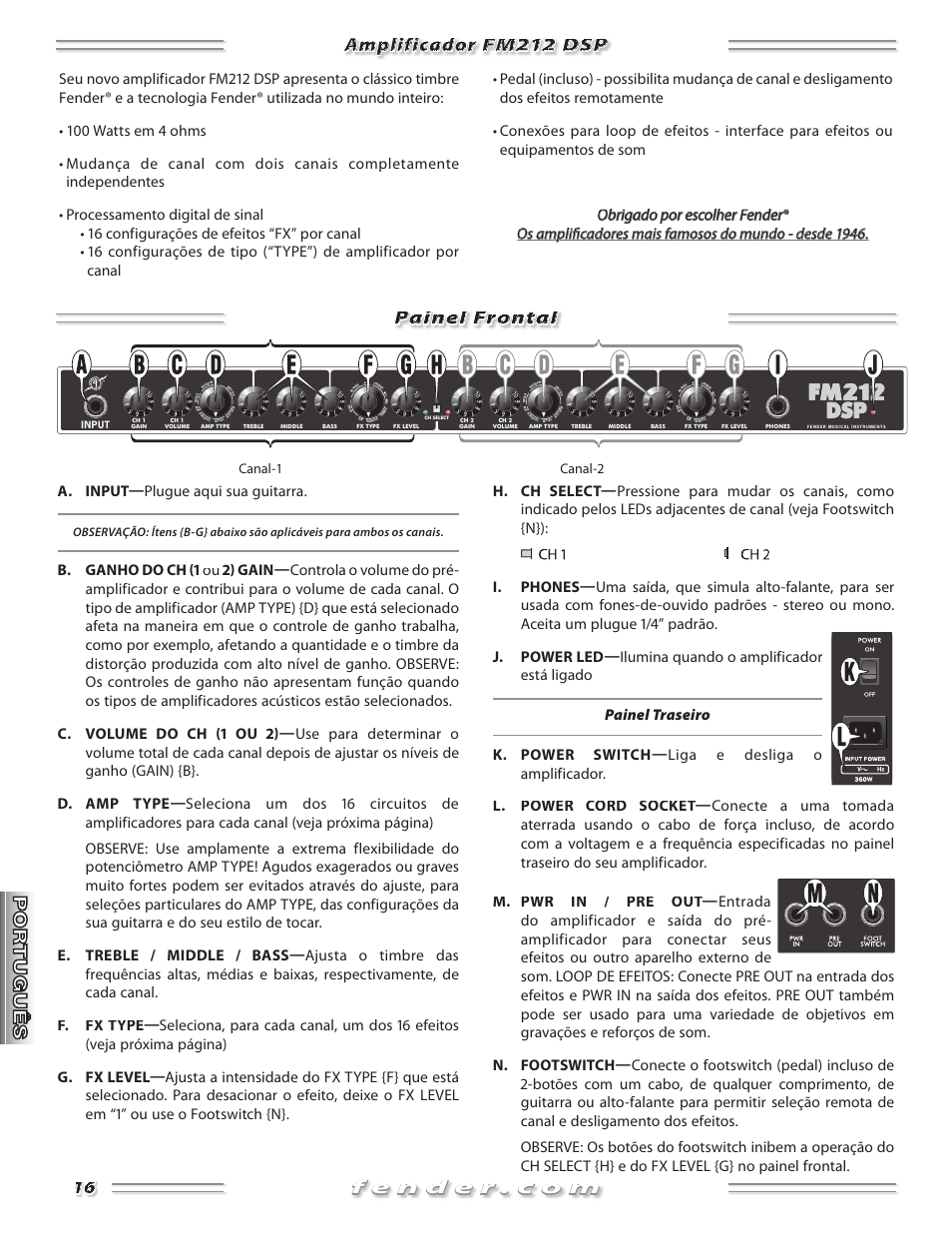 Amplificador fm212 dsp painel frontal, Canal-1 canal-2, Input | Fender FM 212 DSP User Manual | Page 16 / 20