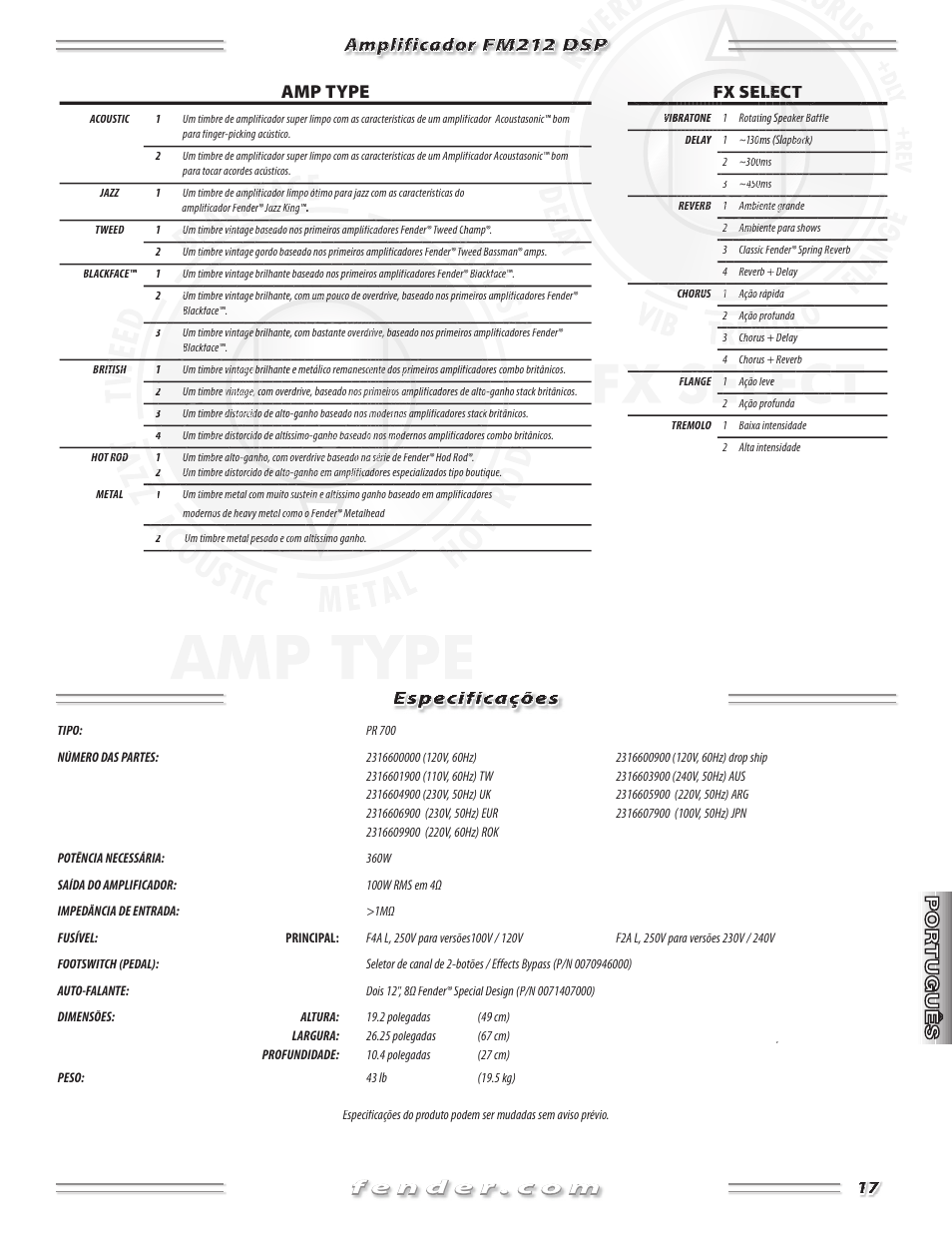 Amp type, Amplificador fm212 dsp especificações | Fender FM 212 DSP User Manual | Page 17 / 20