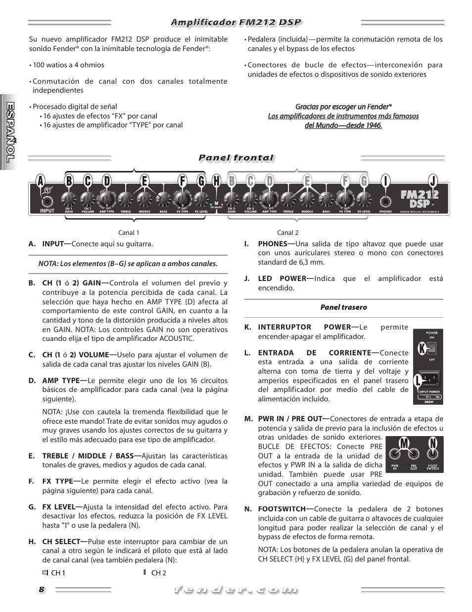 Amplificador fm212 dsp panel frontal, Canal 1 canal 2, Input | Fender FM 212 DSP User Manual | Page 8 / 20