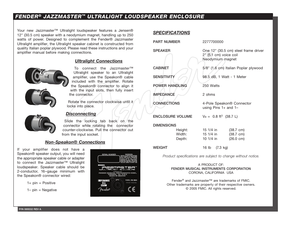 Fender JazzMaster Ultralight Loudspeaker Enclosure User Manual | 1 page