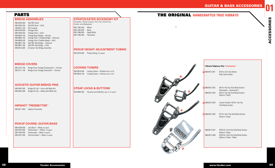 The original, Parts, Guitar & bass accessories | Accessories, Handcrafted true vibrato, Bridge assemblies, Bridge covers, Acoustic guitar bridge pins, Hipshot, Tremsetter | Fender Guitar & Bass Accessories User Manual | Page 10 / 15
