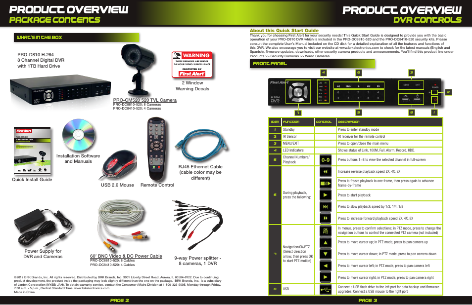 Product overview, Package contents, Dvr controls | Warning, Page 2 page 3, Way power splitter - 8 cameras, 1 dvr, Remote control, About this quick start guide, Rj45 ethernet cable (cable color may be different) | First Alert H.264 Digital DVD Pro-Dc8810-520/Pro-DC8410-520 User Manual | Page 2 / 7