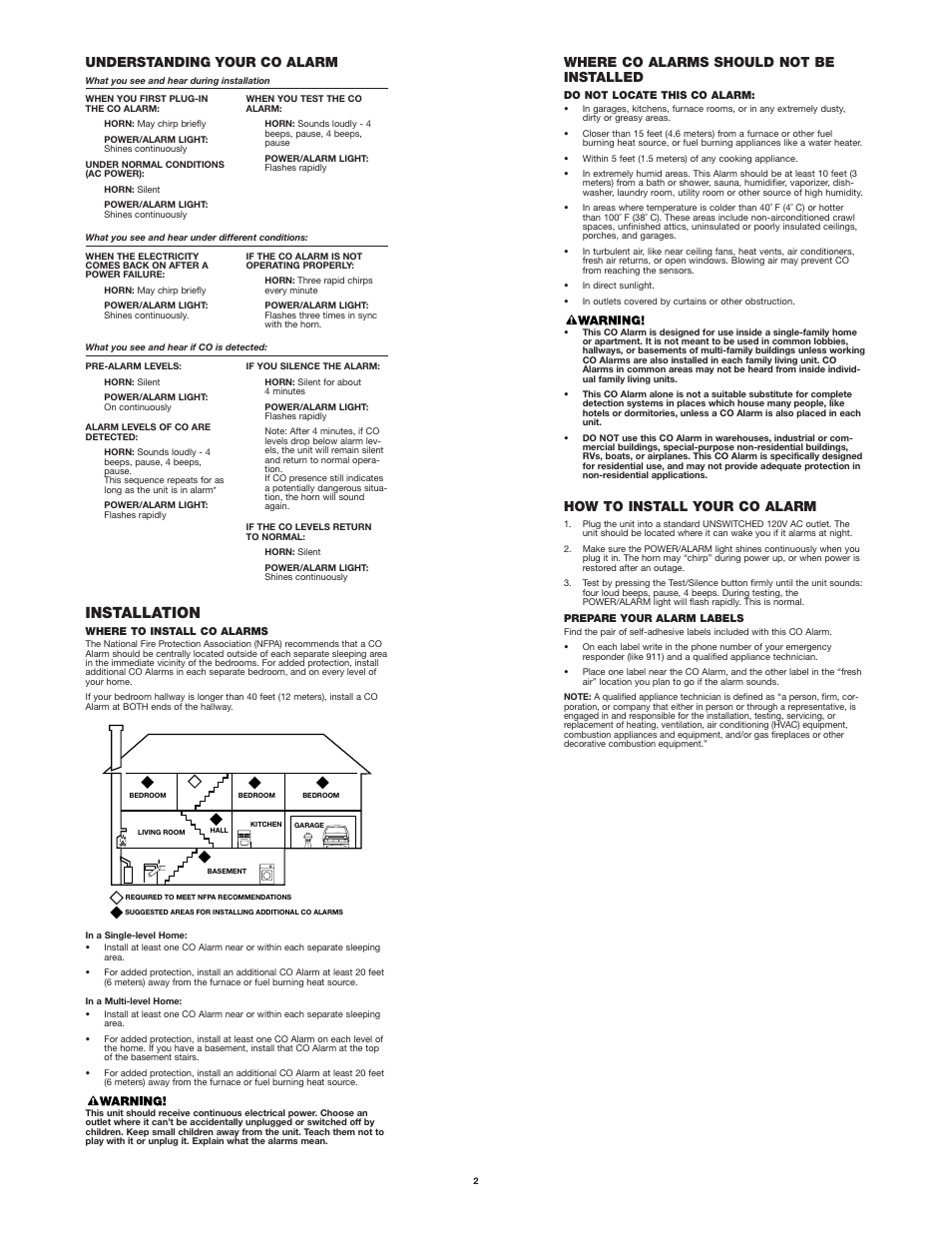 Installation, Understanding your co alarm, Where co alarms should not be installed | How to install your co alarm | First Alert FCD2NP User Manual | Page 2 / 5