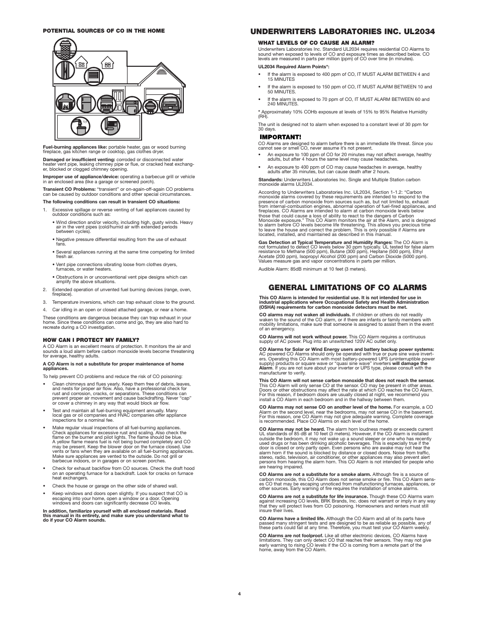Underwriters laboratories inc. ul2034, General limitations of co alarms | First Alert FCD2NP User Manual | Page 4 / 5
