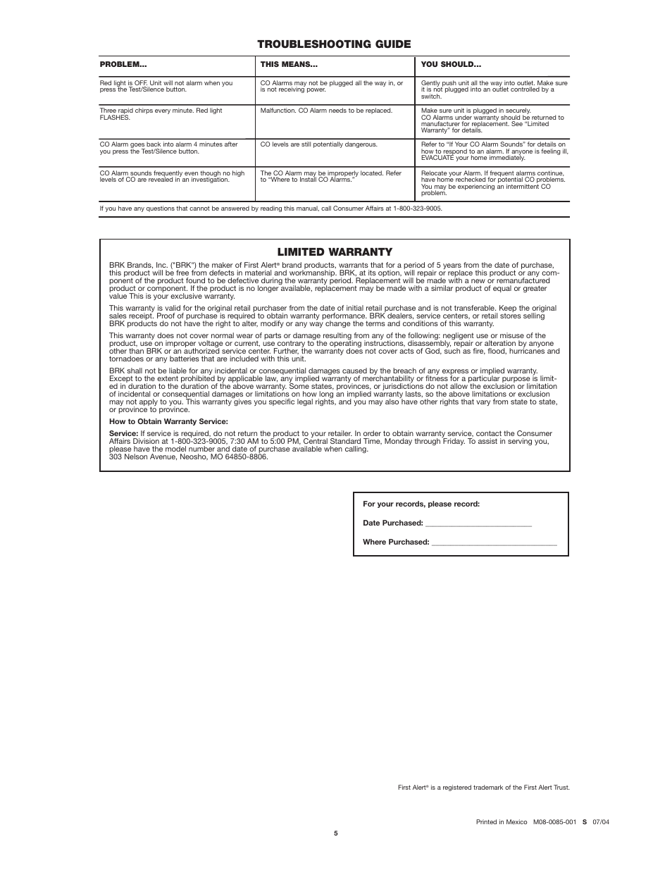 Troubleshooting guide, Limited warranty | First Alert FCD2NP User Manual | Page 5 / 5