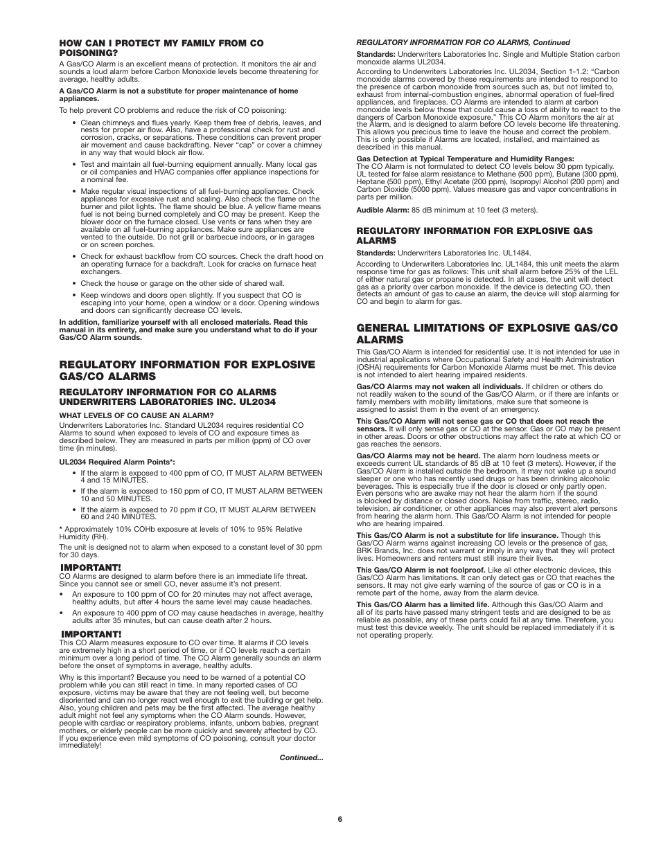 Regulatory information for explosive gas/co alarms, General limitations of explosive gas/co alarms | First Alert Model GCO1 User Manual | Page 6 / 7