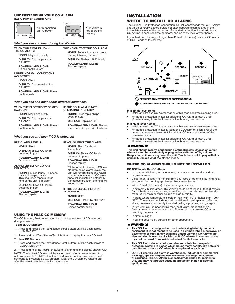 Installation, Where to install co alarms | First Alert FCD2DDNP User Manual | Page 2 / 5
