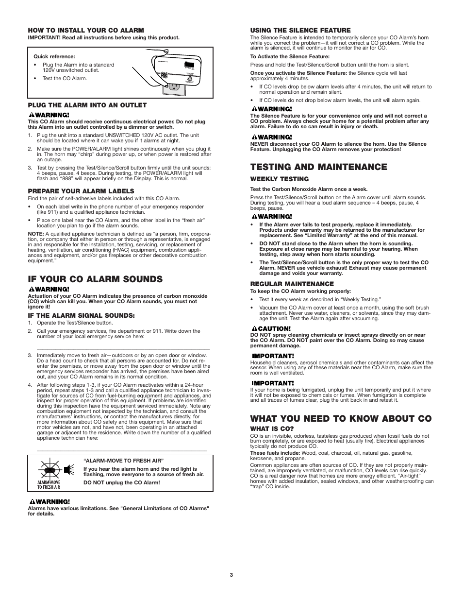 If your co alarm sounds, Testing and maintenance, What you need to know about co | First Alert FCD2DDNP User Manual | Page 3 / 5