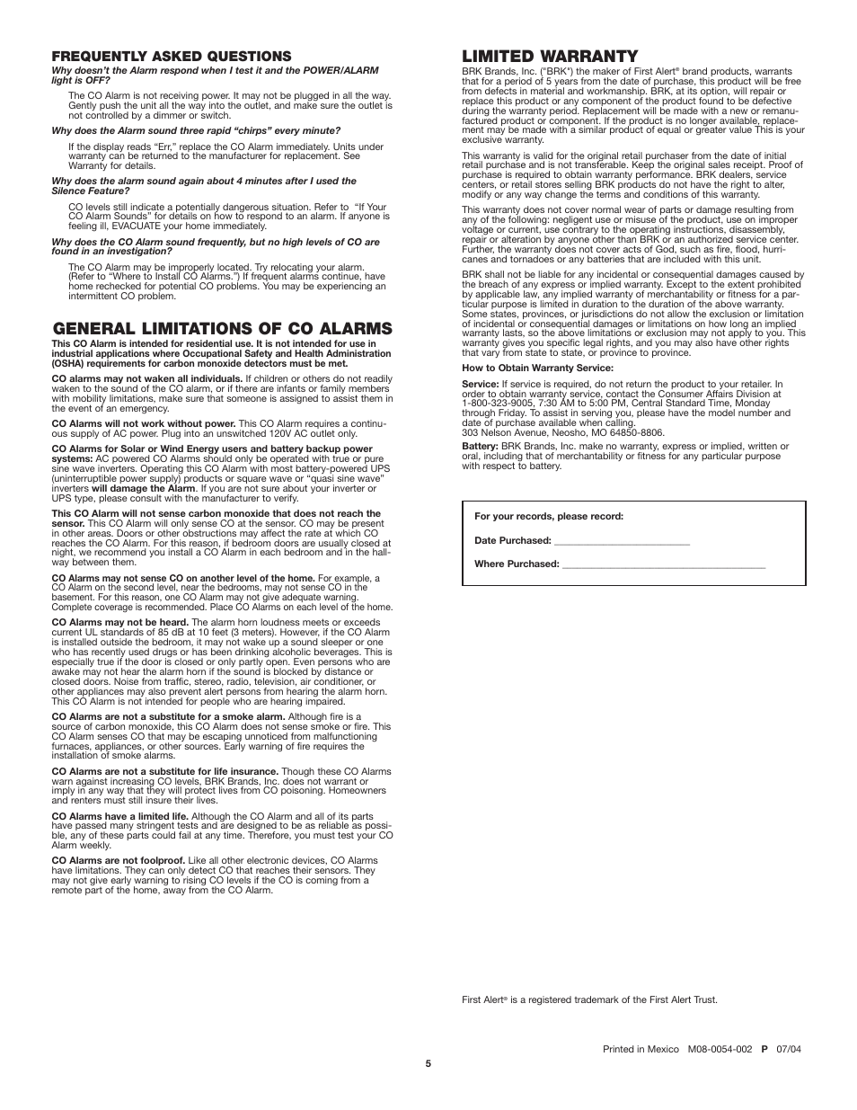 General limitations of co alarms, Limited warranty, Frequently asked questions | First Alert FCD2DDNP User Manual | Page 5 / 5