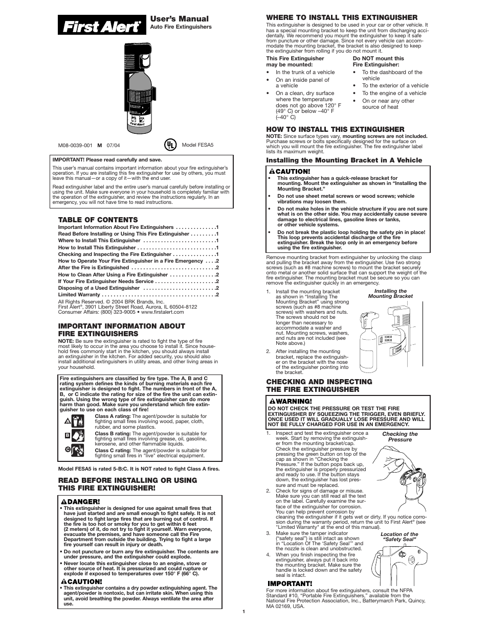 First Alert FESA5 User Manual | 2 pages